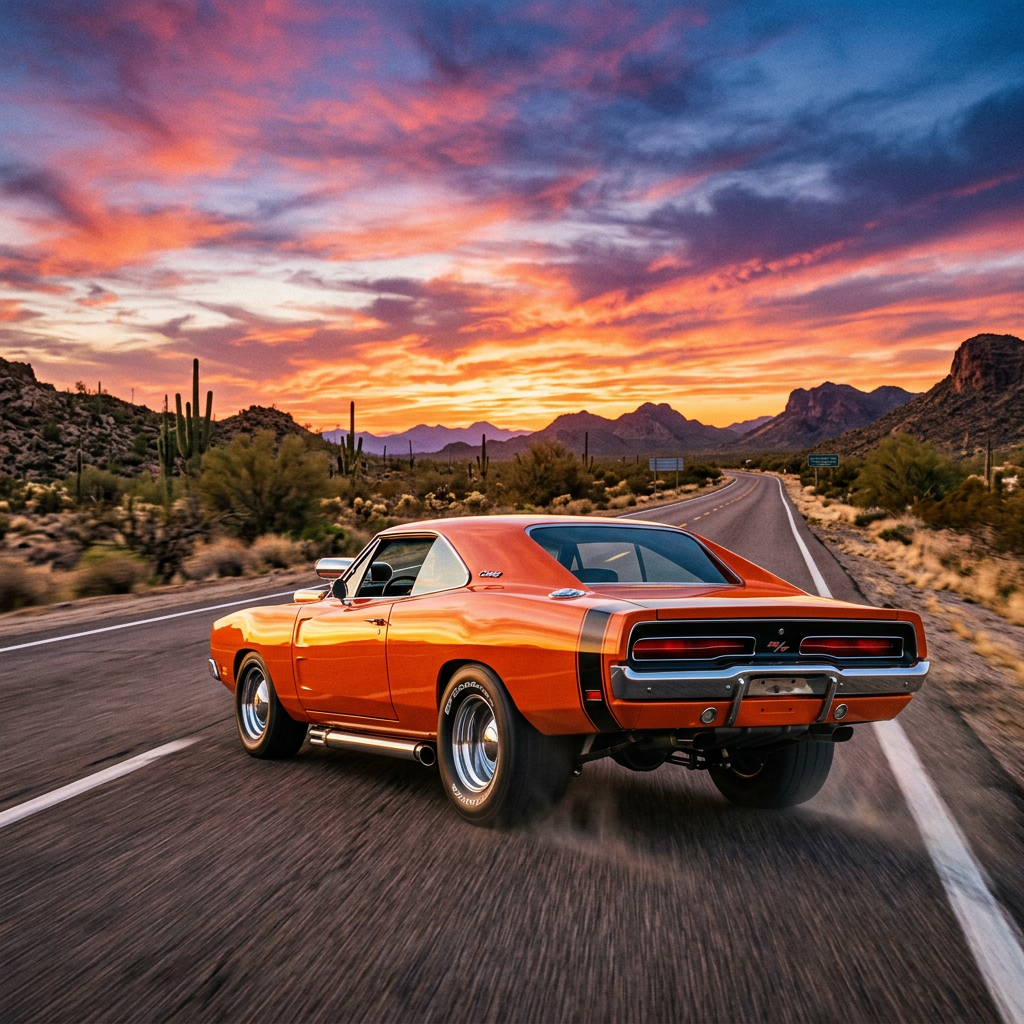 Orange Dodge Charger muscle car driving on a desert highway at sunset